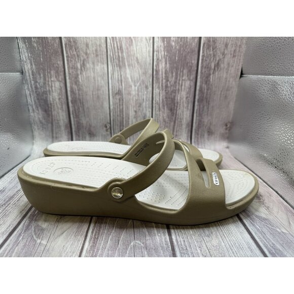 Crocs Patricia Two Toned Taupe Low Wedge Slip On Sandal Women's Size 10 - Picture 1 of 11